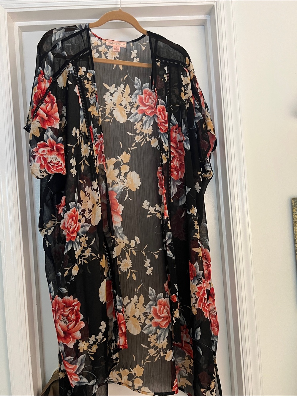 Band of Gypsies Black Floral Sheer Kimono with Red and Cream Roses